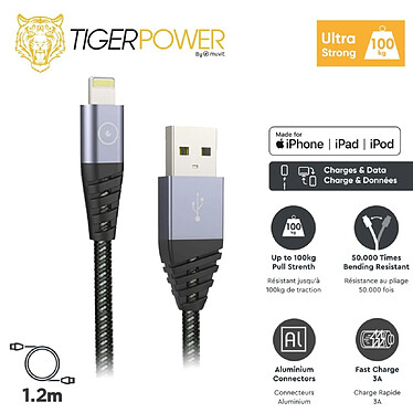 Acheter Tiger Câble Lightning vers USB 2.4A Power Ultra-résistant Charge Rapide 1,2m Gris