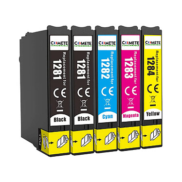 COMETE - Marque Française - T1285 - 5 Cartouches d'encre Compatibles avec Epson Stylus - 2 Noir + 1 Cyan + 1 Magenta + 1 Jaune