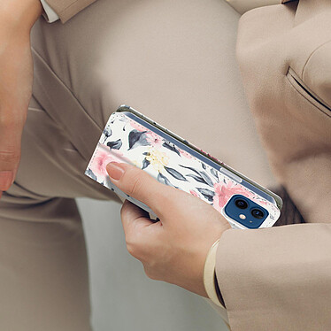 Avizar Étui iPhone 12 / 12 Pro Porte-carte Support Motif Fleurs Tropicales – blanc pas cher