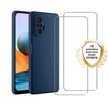 Evetane Coque Xiaomi Redmi Note 10 Pro Silicone liquide Bleue Marine + 2 Vitres en Verre trempé Protection écran Antichocs