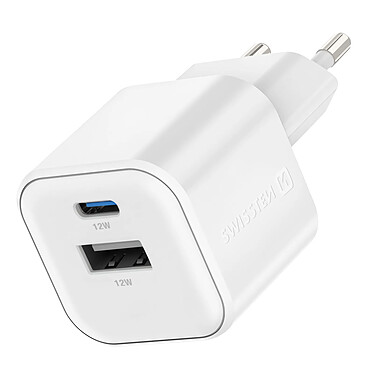 Swissten Adaptateur Secteur 12W USB + USB-C Charge Rapide Format Compact Blanc