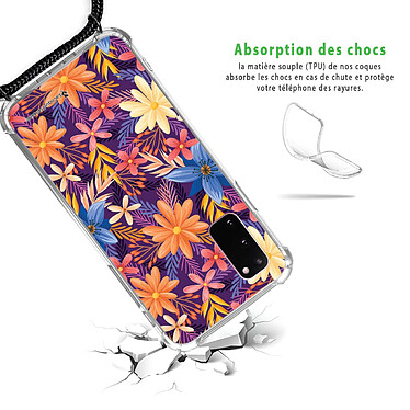 Avis LaCoqueFrançaise Coque cordon Samsung Galaxy S20 Dessin Fleurs violettes et oranges