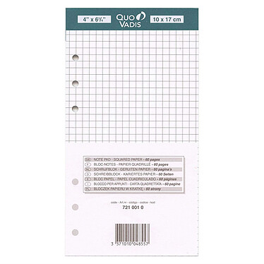 QUO VADIS Recharge Organiseur BLOC-NOTES Timer 17 Blanc Quadrillé 10 x 17 cm