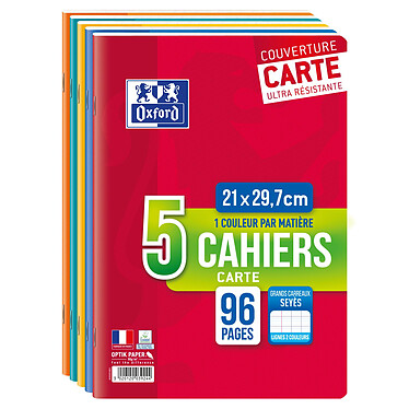 OXFORD Lot de 5 Cahiers Agrafé A4 (21 x 29,7cm) 96 Pages Grands Carreaux Seyès 90g