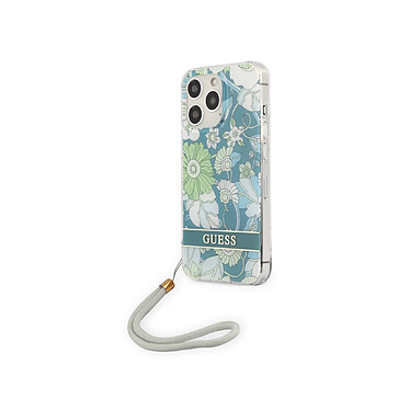 Guess Coque pour Apple iPhone 13 Pro Flowers avec lanière nylon Bleu