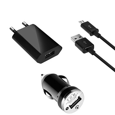 Avizar Pack de charge Chargeur secteur 0.7A, Chargeur voiture 1A et Câble Micro-USB  Noir
