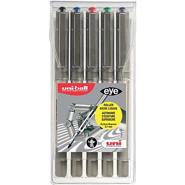 UNI-BALL Etui de 5 stylos roller encre liquide EYE UB157 pointe moyenne 0,7mm couleurs assorties