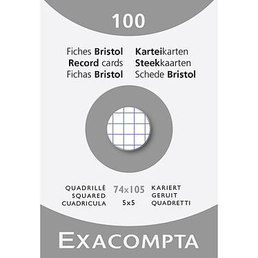 EXACOMPTA Étui de 100 fiches - bristol quadrillé 5x5 non perforé 74x105mm - Blanc x 40