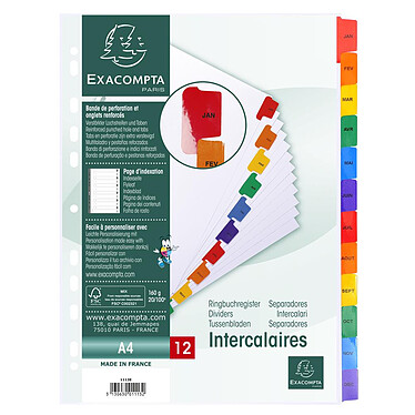 Acheter EXACOMPTA Intercalaires Imprimés mensuels carte blanche 160g - 12 positions - A4 Blanc x 20