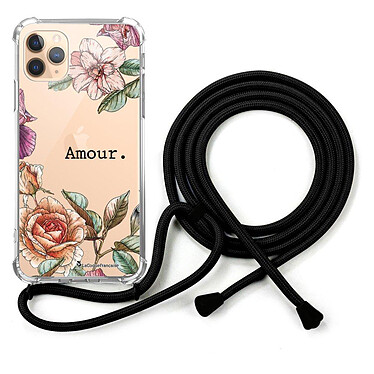 LaCoqueFrançaise Coque cordon iPhone 11 Pro noir Dessin Amour en fleurs