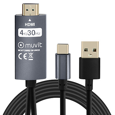 Muvit Câble USB Type C vers HDMI Adaptateur Vidéo 4K/30Hz 2m Noir
