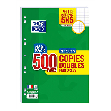 OXFORD Maxi Pack 125 Copies Doubles (500 pages) Perforées A4 Quadrillé 5x5 avec Marge