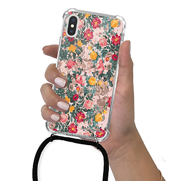 LaCoqueFrançaise Coque cordon iPhone X/Xs noir Dessin Fleurs Beige et Rose pas cher