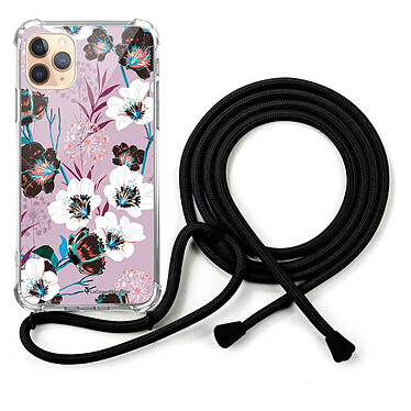 LaCoqueFrançaise Coque cordon iPhone 11 Pro noir Dessin Fleurs parme