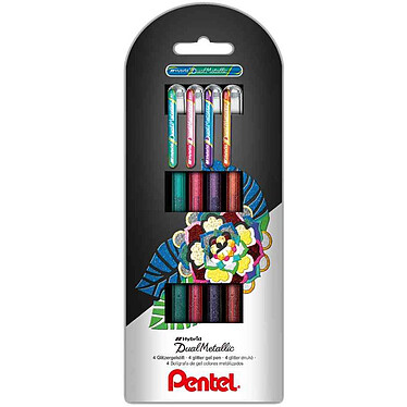PENTEL Stylo roller à encre gel Hybrid 'Dual Pen', étui de 4 couleurs vert, orange, rose, violet