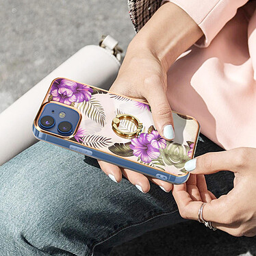 Avizar Coque iPhone 12 Mini Bi-matière avec Bague de Maintien Motif Fleurs Violet pas cher