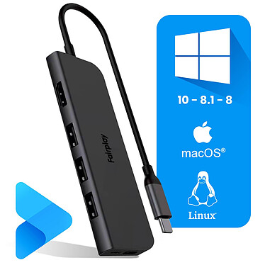 Avis Fairplay Hub USB-C 100W  3x USB et Vidéo HDMI 4K, Design Compact - Noir