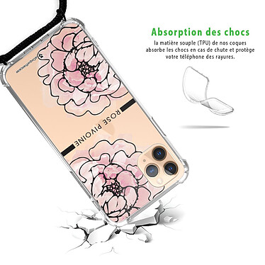 Avis LaCoqueFrançaise Coque cordon iPhone 11 Pro noir Dessin Rose Pivoine