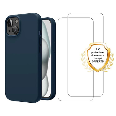 Evetane Coque iPhone 15 Silicone liquide Bleue Marine + 2 Vitres en Verre trempé Protection écran Antichocs