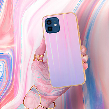 Avizar Coque iPhone 12 Mini Holographique Arc en Ciel Rigide Collection Aurora Rose pas cher