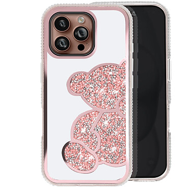 Avizar Coque Paillette pour iPhone 16 Pro Max Motif Ourson avec Strass Rose