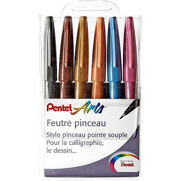 PENTEL Pochette de 6 Feutres pinceau Brush Sign Pen Rose, Bleu Ciel, Orange, Marron, Ocre, Gris
