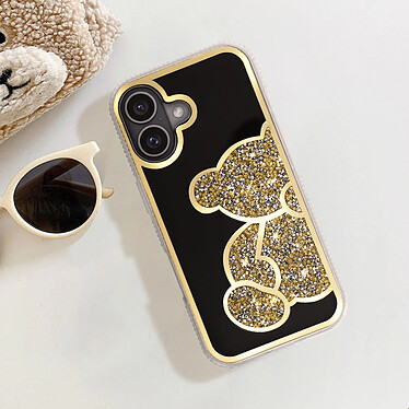 Avizar Coque Paillette pour iPhone 16 Plus Motif Ourson avec Strass Dorée pas cher