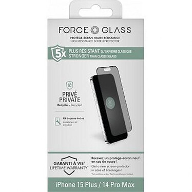 Force Glass Protection d'écran pour iPhone 15 Plus en Verre Organique 2.5D Privé Noir transparent pas cher
