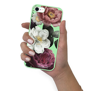LaCoqueFrançaise Coque iPhone 7/8 Silicone Liquide Douce vert pâle Fleurs roses pas cher
