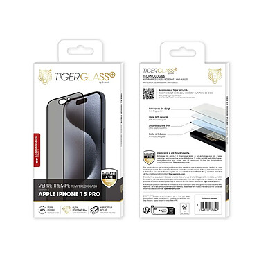 Avis Tiger Verre Trempé pour iPhone 15 Pro Recyclé Confidentiel Ultra-résistant Noir transparent