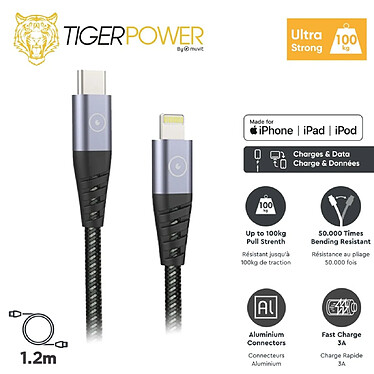 Acheter Tiger Câble Lightning vers USB-C Power Ultra-résistant Charge Rapide 3A 2m Gris