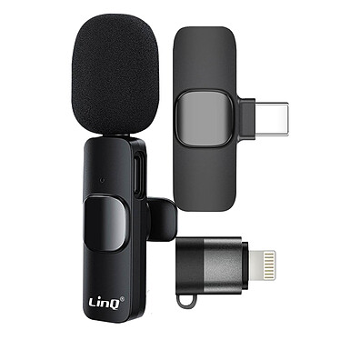 LinQ Microphone Sans Fil Réduction de Bruit Adaptateurs USB C et Lightning  Noir