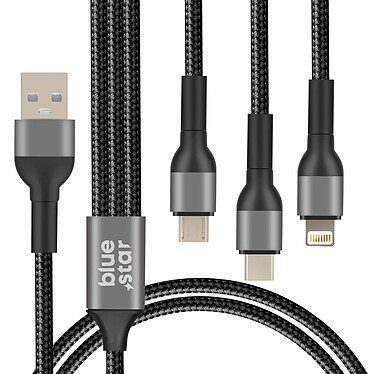 Blue Star Câble USB vers Micro USB, USB C, iPhone Lightning Nylon Tressé 1.2m Noir