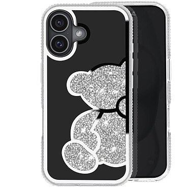 Avizar Coque Paillette pour iPhone 16 Motif Ourson avec Strass Argent