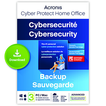 Acronis Cyber Protect Home Office Advanced 2023 - 500 Go - Licence 1 an - 3 PC/Mac + nombre illimité de terminaux  mobiles - A télécharger