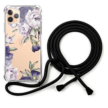 LaCoqueFrançaise Coque cordon iPhone 11 Pro noir Dessin Pivoines Violettes