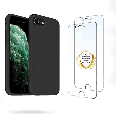 Evetane Coque iPhone 7/8/SE 2020 Silicone liquide Noire + 2 Vitres en Verre trempé Protection écran Antichocs