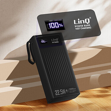 LinQ Batterie Secours 15000mAh Câble 4 en 1 Port USB 22.5W et USB C 20W  Noir pas cher