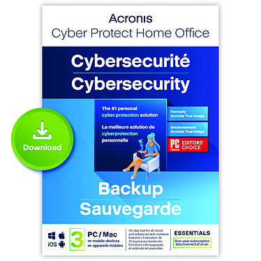 Acronis Cyber Protect Home Office Essentials 2023 - Licence 1 an - 3 PC/Mac + nombre illimité de terminaux  mobiles - A télécharger