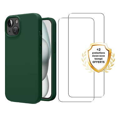Evetane Coque iPhone 15 Silicone liquide Verte + 2 Vitres en Verre trempé Protection écran Antichocs