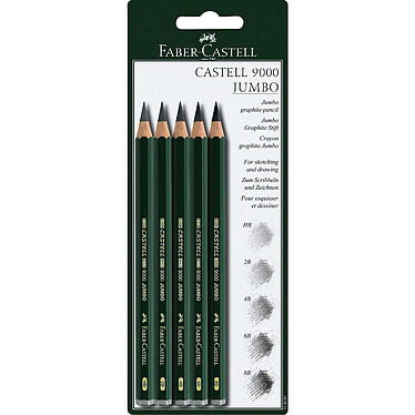 FABER-CASTELL Blister de 5 Crayons graphite CASTELL 9000 Jumbo HB, 2B, 4B, 6B, 8B
