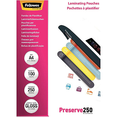 FELLOWES Paquet de 100 Pochette à plastifier A4 brillante 500 (2x250) microns