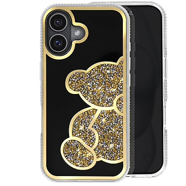 Avizar Coque Paillette pour iPhone 16 Motif Ourson avec Strass Dorée