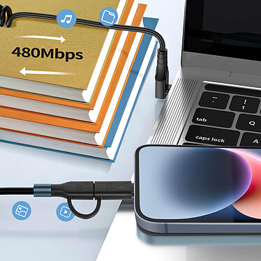 Avizar Câble spiralé USB-C vers USB-C + iPhone Lightning, Design coudé  Noir 1,5m pas cher