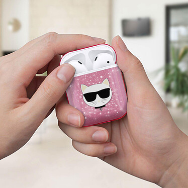 Coque Airpods Silicone gel Pailletée Choupette Ikonik Karl Lagerfeld rose pas cher