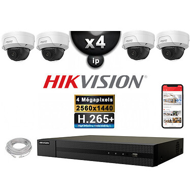 HIKVISION Kit Vidéo Surveillance PRO IP : 4x Caméras POE Dômes IR 30M 4 MP + Enregistreur NVR 4 canaux H265+ 2000 Go