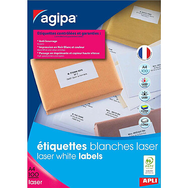 AGIPA Boite 100 étiquettes A4 210x297 mm Laser / Copieu Coin Droit Perm. Blanc