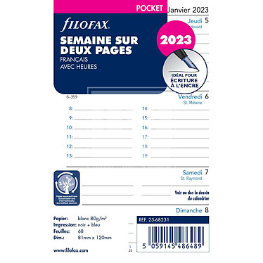 FILOFAX Recharge format pocket Semaine sur deux pages avec Heures - français - 2023