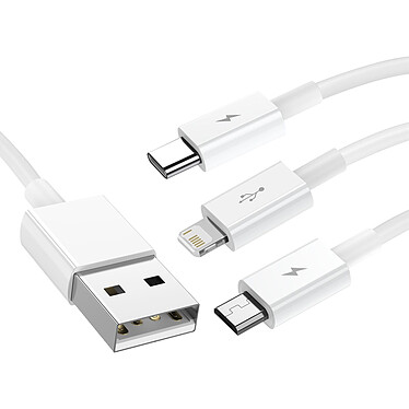 Baseus Cable 3 en 1 USB vers Lightning, USB-C et Micro USB 2.5A 15 mètres  Blanc