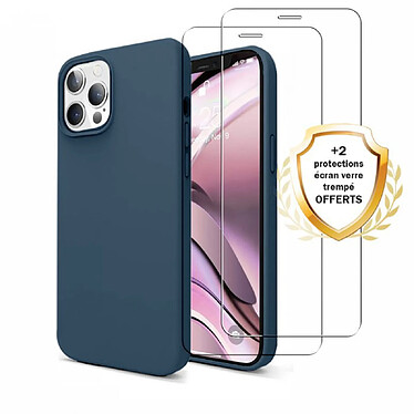 Evetane Coque iPhone 12/12 Pro Silicone liquide Bleu Marine + 2 Vitres en Verre trempé Protection écran Antichocs